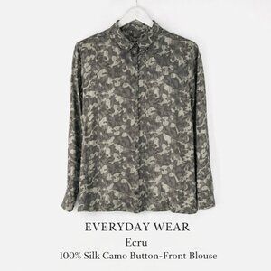 Ecru 100% Silk Camo Button-Front Blouse Gray Olive Women’s Small